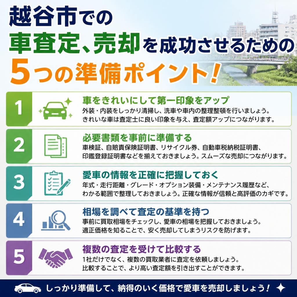 越谷市での車査定、売却を成功させるための5つの準備ポイント！